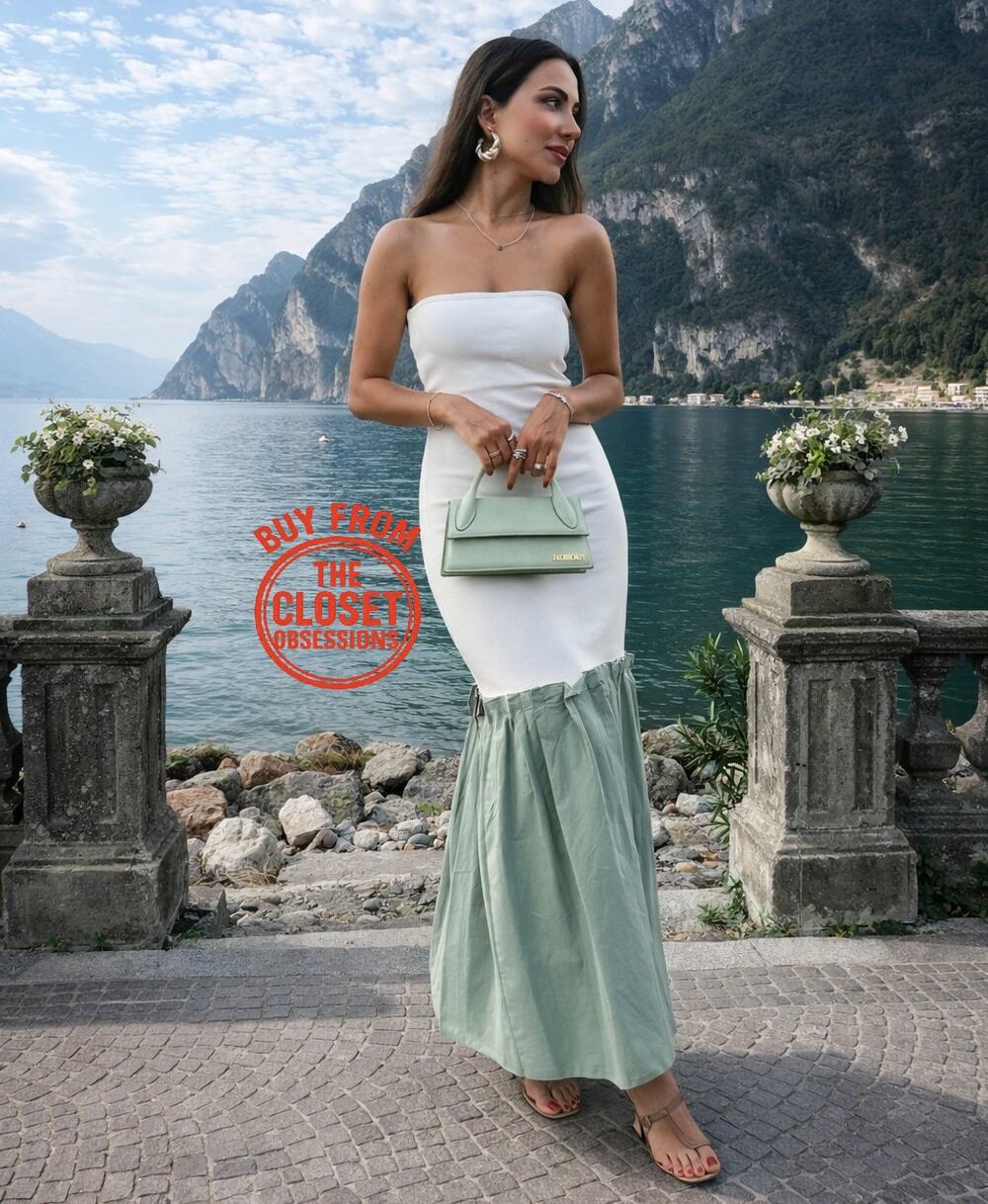 ZARA Strapless Colorblock Midi Dress NWT White Sage Green Pleated Hem M L